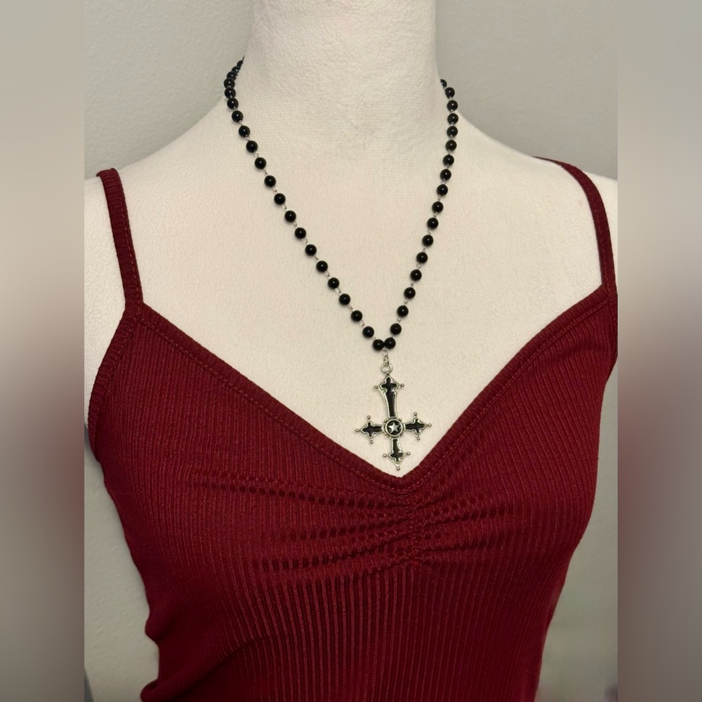Black Beaded Choker Necklace  Black -Silver Cross Pendant Charm Dark Gothic